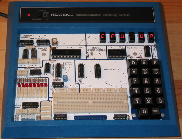 A Heathkit ET-3400A Microprocessor trainer, all clean, turned on and displaying CPU UP.