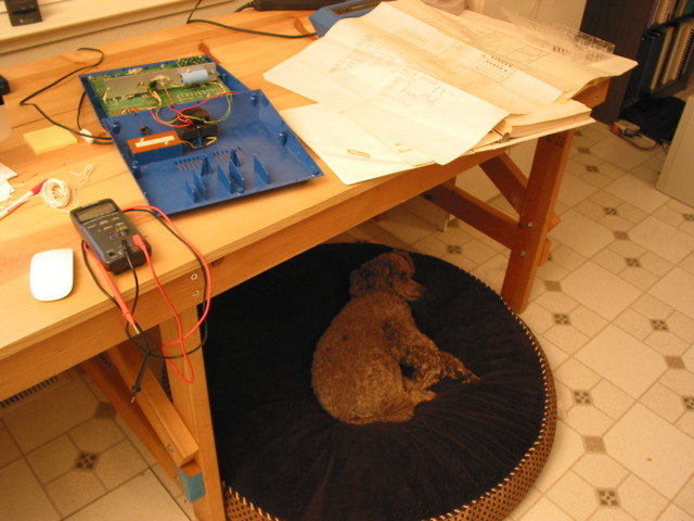 Wooden workbench with an open Heathkit ET-3400 on it along with a large schematic unfolded next to it.  Underneath the workbench is a large round dog bed with a miniature poodle sleeping peacefully.