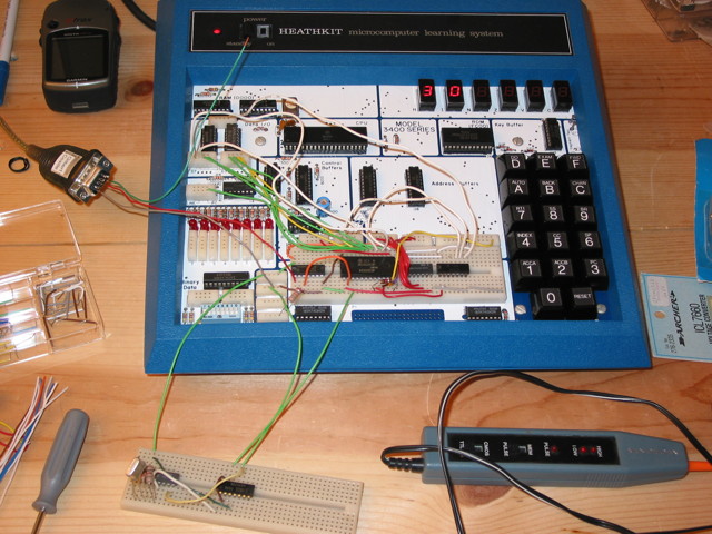 A Heathkit ET-3400A Microprocessor trainer with some circuitry wired onto the protoboard along with some circuitry on a separate board.  The display shows 30 in the left two seven-segment LEDs